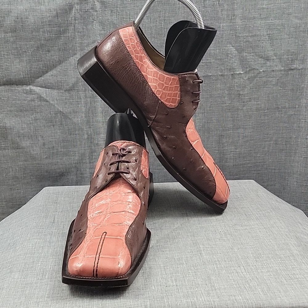 MAURI Italy Men's 9.5M Alligator Ostrich Leather Oxford Derby Shoes Pink / Brown